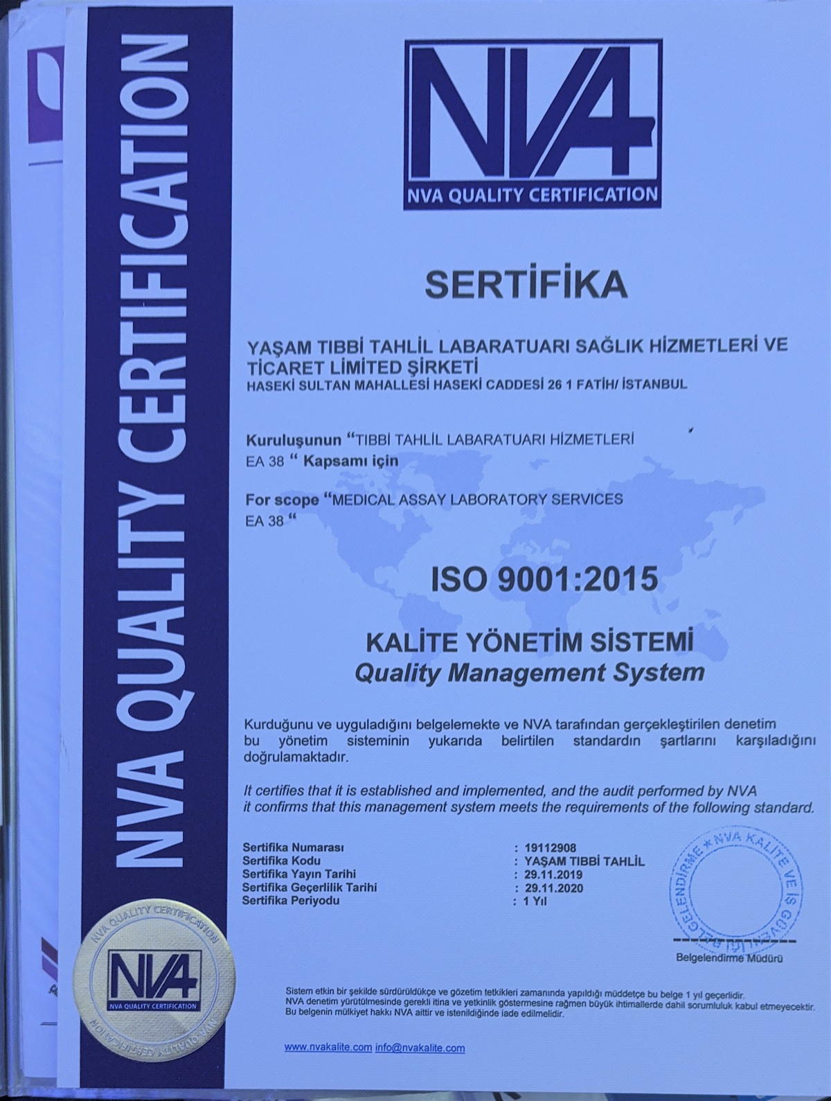 ISO 9001:2015 Kalite Yönetim Sistemi Sertifikası