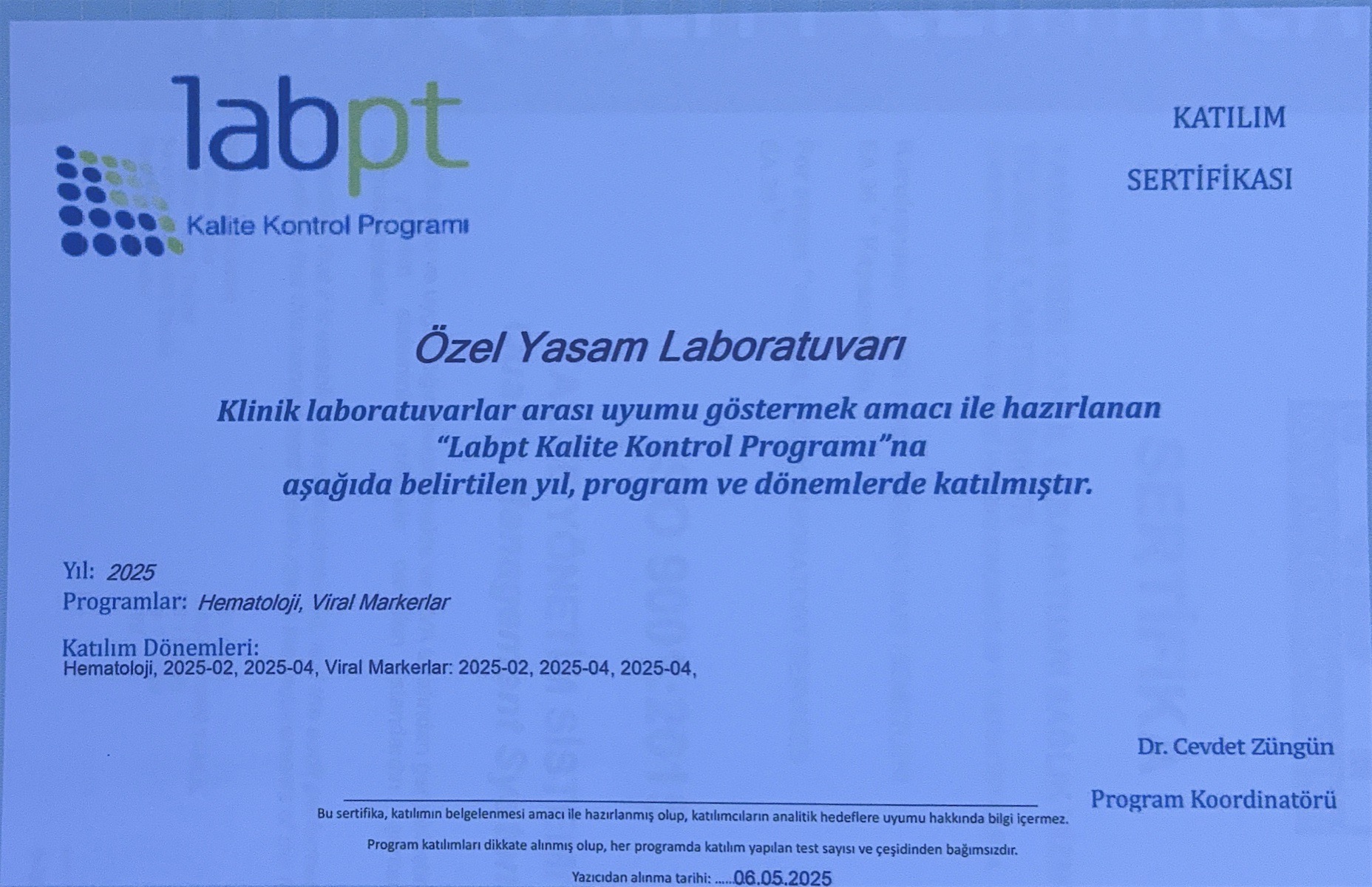 Labpt Kalite Kontrol Programı 2025 Katılım Sertifikası
